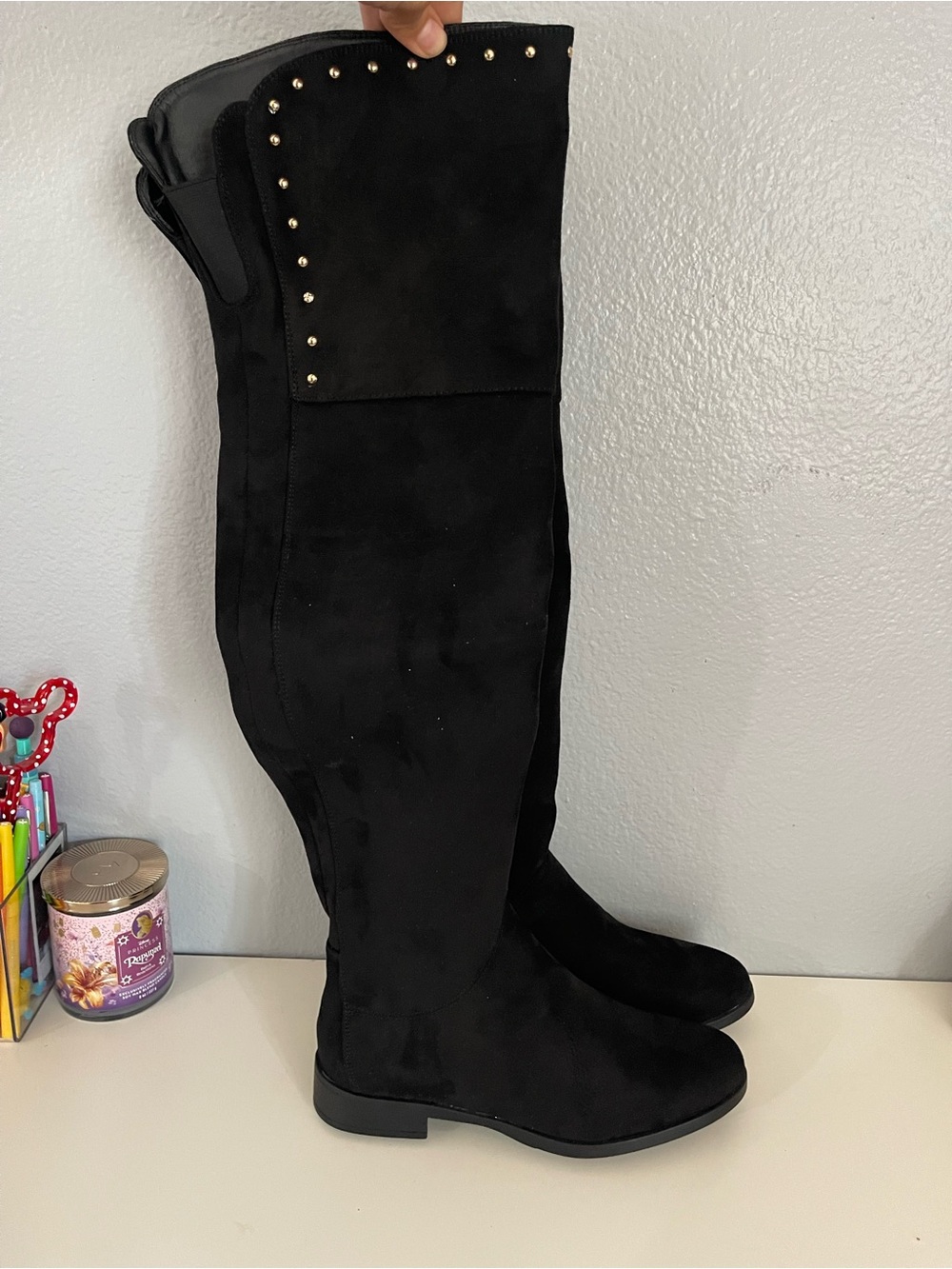 XOXO Black Over-the-Knee Studded Suede-Look Boots